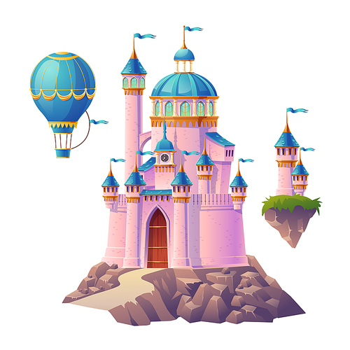 Pink magic castle, princess or fairy palace, air balloon and flying turrets with flags. Fantasy royal fortress, cute medieval architecture isolated on white . Cartoon vector illustration