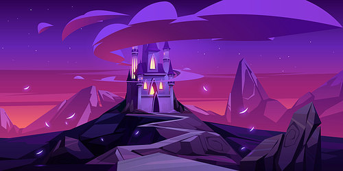 Magic castle in mountains after sunset. Vector cartoon landscape with mystery royal palace in fairytale kingdom, clouds around towers and rocks at night. Cute fantasy castle