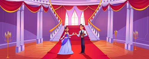 Prince and princess in royal castle hall. Vector cartoon background with couple in hallway in baroque palace with staircase, balustrade and columns. Romantic fairytale illustration