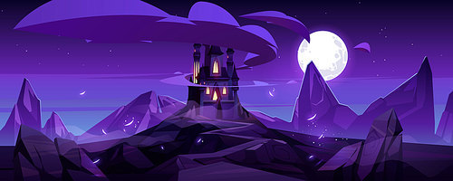 Magic castle at night on mountain, fairytale palace with turrets and rocky road under purple sky with full moon and clouds in sky. Fantasy fortress, medieval architecture. Cartoon vector illustration