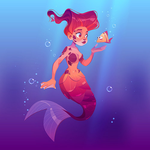 Cute mermaid with little fish underwater in sea. Vector cartoon person, beautiful girl fish with red hair and tail in ocean water with bubbles. Fairy tale or mythology character, pretty mermaid