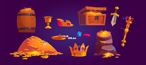 Treasury icons of pile of golden coins, jewelry and gem. Vector cartoon set of treasure chest, bag and wooden barrel full of gold, goblet, crown, scepter and dagger