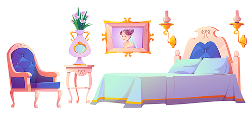 Princess bedroom furniture set, interior elements for vintage room. Elegant retro bed, cupboard, velvet armchair. Classic royal style feminine design for girl Cartoon vector isolated illustration