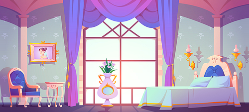 Princess bedroom interior, empty vintage room with elegant retro furniture, bed, cupboard, floral pattern wallpaper decoration. Classic royal style feminine design for girl Cartoon vector illustration