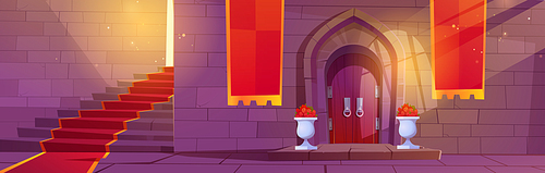 Medieval castle interior, wooden arched door with potted flowers, stone stairs with red carpet and brick wall, entry to palace with sunlight fall through window. Fairytale Cartoon vector scene