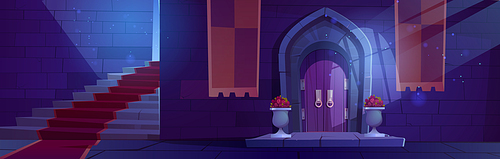 Medieval night castle interior, wooden arched door with potted flowers, stone stairs with red carpet and brick wall, entry to palace with moonlight fall through window. Fairytale Cartoon vector scene