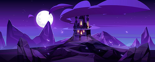 Magic castle at night on mountain, fairytale palace with turrets and rocky road under purple sky with full moon and clouds in sky. Fantasy fortress, medieval architecture. Cartoon vector illustration