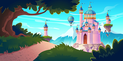 Pink magic castle, princess or fairy palace at mountains with rocky road lead to gates with flying turrets and air balloons in sky. Fantasy fortress, medieval architecture. Cartoon vector illustration
