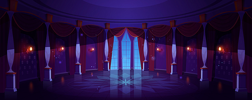 Castle ballroom, night empty palace hall interior with glowing lamps, floor-to-ceiling window and curtains. Room with marble pillars and tiled floor, antique architecture. Cartoon vector Illustration