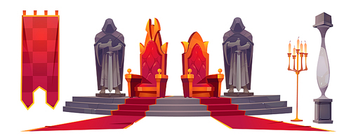 Medieval castle interior with gold royal thrones. Vector cartoon set of king and queen chairs, stone statues of knights with sword, red carpet, flag and candles isolated on white 