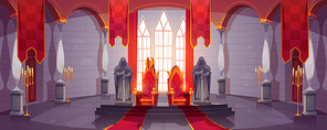 Castle hall with thrones for king and queen. Ballroom interior, Medieval palace for royal family with flags, guards with swords stone statues. Fantasy, fairy tale, pc game Cartoon vector illustration