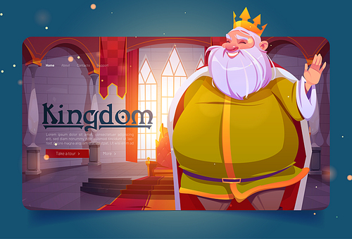 Kingdom cartoon landing page, king in palace, medieval royal family character, smiling fat monarchy person in gold crown and luxury dressing in throne room, fairytale game personage, Vector web banner
