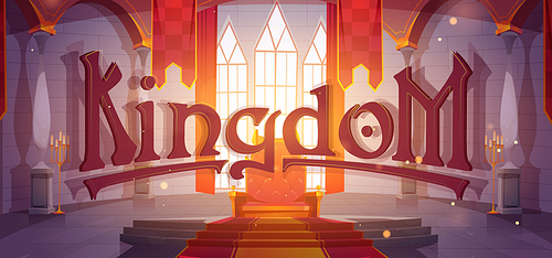 Kingdom cartoon banner, medieval castle hall interior with king royal throne, red flags and arch windows. Computer game background, book cover with fantasy palace, fairy tale story vector illustration