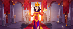 Queen in palace, medieval throne room interior, royal family cartoon character, monarchy person in gold crown and luxury dress, fairytale female personage. Kingdom computer game, Vector illustration