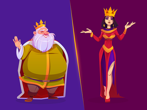 King and queen medieval royal family characters. Monarchy husband and wife in gold crowns and luxury dressing, fairytale kingdom personages, game or history book persons, Cartoon vector illustration