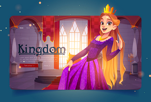 Kingdom banner with princess in medieval castle. Vector landing page with cartoon illustration of beautiful girl in gold crown and royal palace interior with king throne
