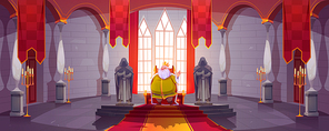 King in gold crown sitting on throne in medieval castle. Vector cartoon fairytale illustration of royal person in luxury costume and kingdom palace interior with statues of knights and red flags