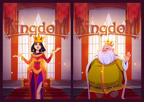 Kingdom posters with king and queen in medieval castle. Vector flyers with cartoon illustration of beautiful woman in gold crown and monarch in royal palace interior with king throne