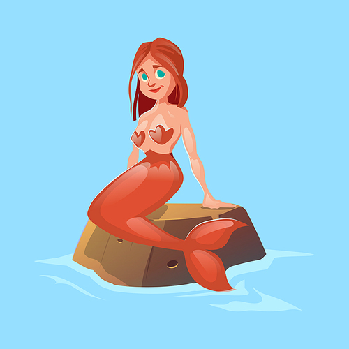 Beautiful mermaid girl sitting on stone in water. Vector cartoon illustration of adorable fantasy character, fairy tale woman with fish tail sitting on rock in sea or ocean