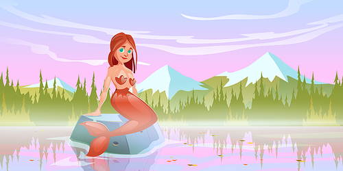 Mermaid girl sitting on stone in lake. Vector cartoon illustration of beautiful fairy tale woman with fish tail and landscape with river, forest on shore and mountains