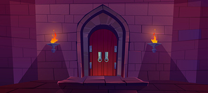 Wood door in medieval castle. Old gate in stone wall with flaming torches at night. Vector cartoon illustration of entrance to dungeon, prison or fortress. Wooden double doors with round knob knock