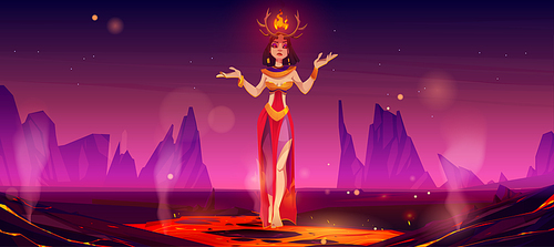 Devil woman in hell world, Halloween female character at creepy infernal landscape with hot lava, steam and rocks around. Satan or demon personage at mountains with magma, Cartoon vector illustration
