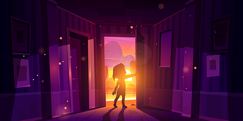 Girl open door entering home. Child silhouette in doorway on background of sunset landscape. Vector cartoon illustration of empty dark corridor with kid leaving house