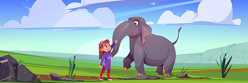 Little girl caress elephant at nature landscape, cute cartoon child and animal friends characters game or book personages, mammal wild jungle creature at panoramic view background Vector illustration