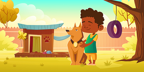 Boy and dog on backyard with canine kennel, fence and tree with tire swing. Vector cartoon illustration of garden or house yard with doghouse and happy kid with pet