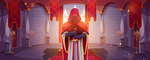 Knight standing with sword in medieval castle. Vector cartoon fairytale illustration of warrior or paladin in red cloak in kingdom palace interior with flags and candles
