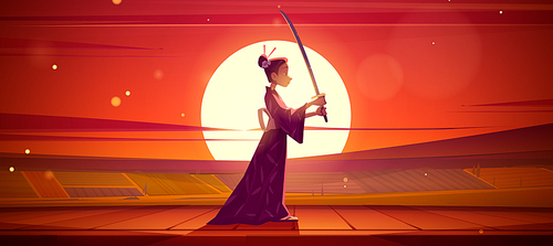 japanese geisha wear kimono holding samurai sword katana stand at asian sunset landscape with  field and shining sun red dusk sky. traditional female character of japan cartoon vector illustration