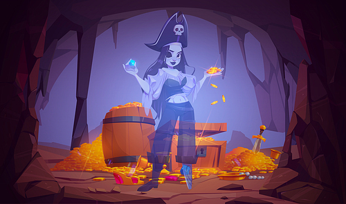 Ghost of girl pirate in cave with treasure. Vector cartoon illustration of rock mine with wooden chest with riches, gold coins piles, gems and spirit of dead woman captain. Halloween spooky background