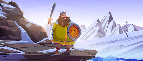 Viking, scandinavian warrior, cartoon character. Funny fat man barbarian soldier with beard wearing cape, horned helmet, sword and round shield stand on northern rocky landscape, vector illustration