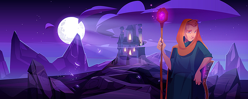 Wizard with magic staff stand at night landscape with fantasy castle under full moon. Fairy tale book or game personage, warlock, magician man wear long robe with hood, Cartoon vector illustration
