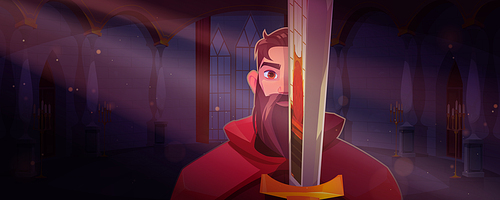 Knight holding sword in medieval castle. Vector cartoon fairytale illustration of warrior or paladin with beard and red cloak in palace interior and reflection of royal throne on steel blade