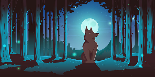Wolf sitting in forest at night. Vector cartoon illustration of summer landscape with coniferous woods, pine trees, mountains on horizon, wild animal and full moon in sky