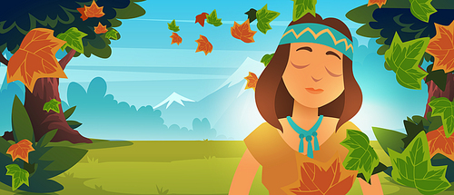 Native Indian American girl in autumn forest. Vector cartoon landscape with mountains, trees, green grass and falling maple leaves. Beautiful indigenous woman in traditional dress and headband