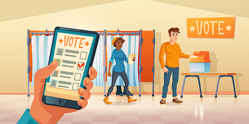 Polling place and mobile app for vote at election day. People choosing candidate in voting booths and put ballots in box or poll online on smartphone. Vector cartoon illustration