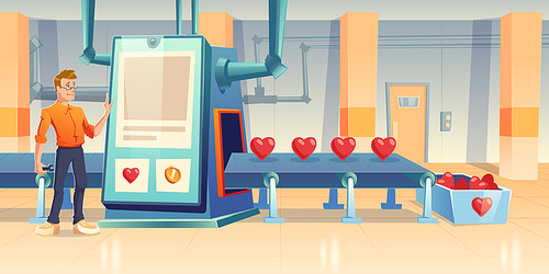 Factory producing hearts, engineer male character with wrench stand at conveyor belt with huge touch screen and processing line. Love or like manufacturing technology, Cartoon vector illustration