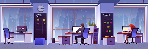 People work in modern office with rain outside window. Business workplace, open space room interior. Vector cartoon illustration of cabinet with office furniture, computers and employees