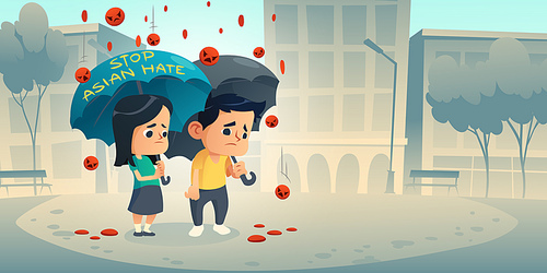 Stop Asian Hate, protest poster against racism, violence, hatred and discrimination people from Asia. Vector cartoon illustration of chinese kids with umbrella and falling negative emoji