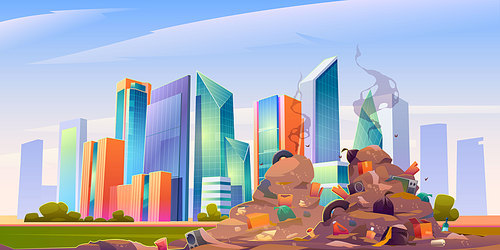 City dump with pile of garbage and plastic trash. Junkyard with town buildings and skyscrapers on background. Vector cartoon cityscape with landfill with dirty stinky heaps of waste