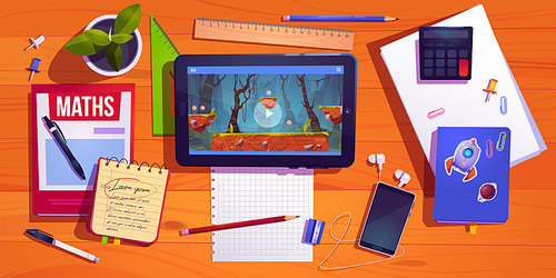 Student desk top view, teenager home workplace table with studying stationery tablet with computer game, textbooks, smartphone with headset, potted plant and calculator, Cartoon vector illustration