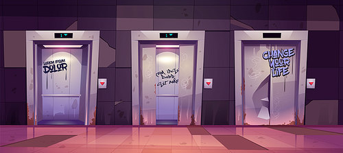 Old dirty hallway with open and closed elevator doors. Vector cartoon illustration of empty lobby interior with broken lifts and graffiti on wall. Messy hall in house in ghetto area