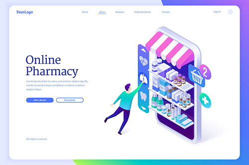 Online pharmacy banner. Drugstore service for mobile phone. Vector landing page with isometric man and smartphone with medical drugs, pills and healthcare products on shelves