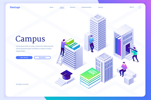 Campus isometric landing page. Education in university or college, knowledges concept. Students with books and gadgets at educational institution buildings studying, learn classes 3d vector web banner