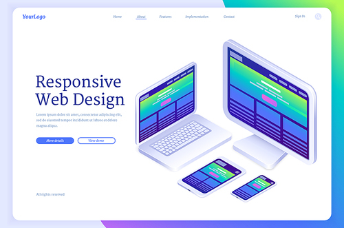 Responsive web design banner. Concept of flexible ui interface of site or app for different digital screens. Vector landing page with isometric laptop, computer monitor, tablet and mobile phone