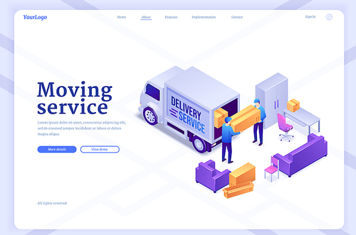 Moving service banner with workers unload van with furniture and boxes. Vector landing page of delivery company with isometric illustration of men carry freight. Concept of relocation, house moving