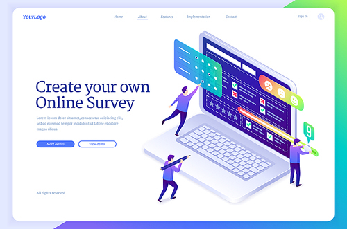 Online survey banner. Service for create web forms for poll, checklist or quiz. Vector landing page of internet application for research customer feedback with isometric people and laptop with test