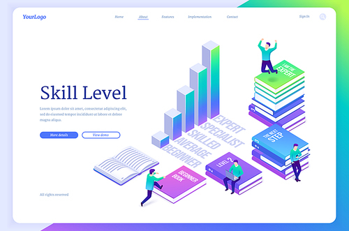 Skill level isometric landing page. Tiny characters sitting on huge books reading and studying, upgrade skills from beginner to expert, Professional education, knowledge concept, 3d vector web banner